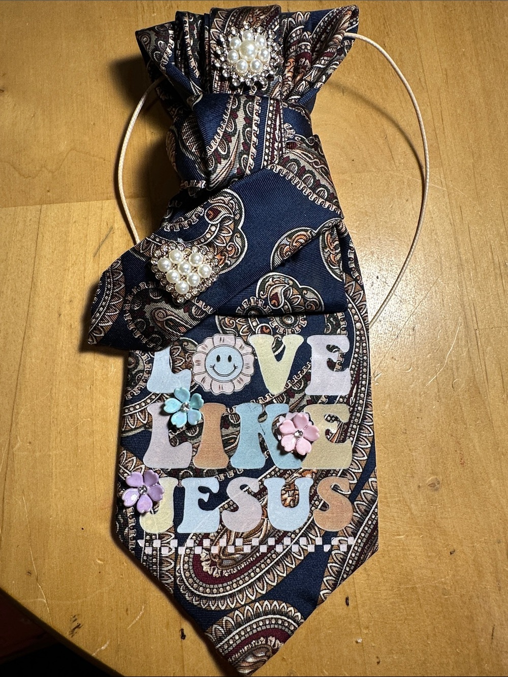 Navy Paisley Statement Necklace Tie with 'Love Like Jesus' Accent
